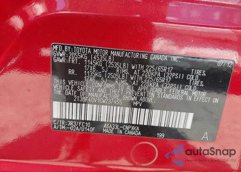 2012 Toyota Rav4 from USA, damaged, VIN 2T3BF4DV1CW237455